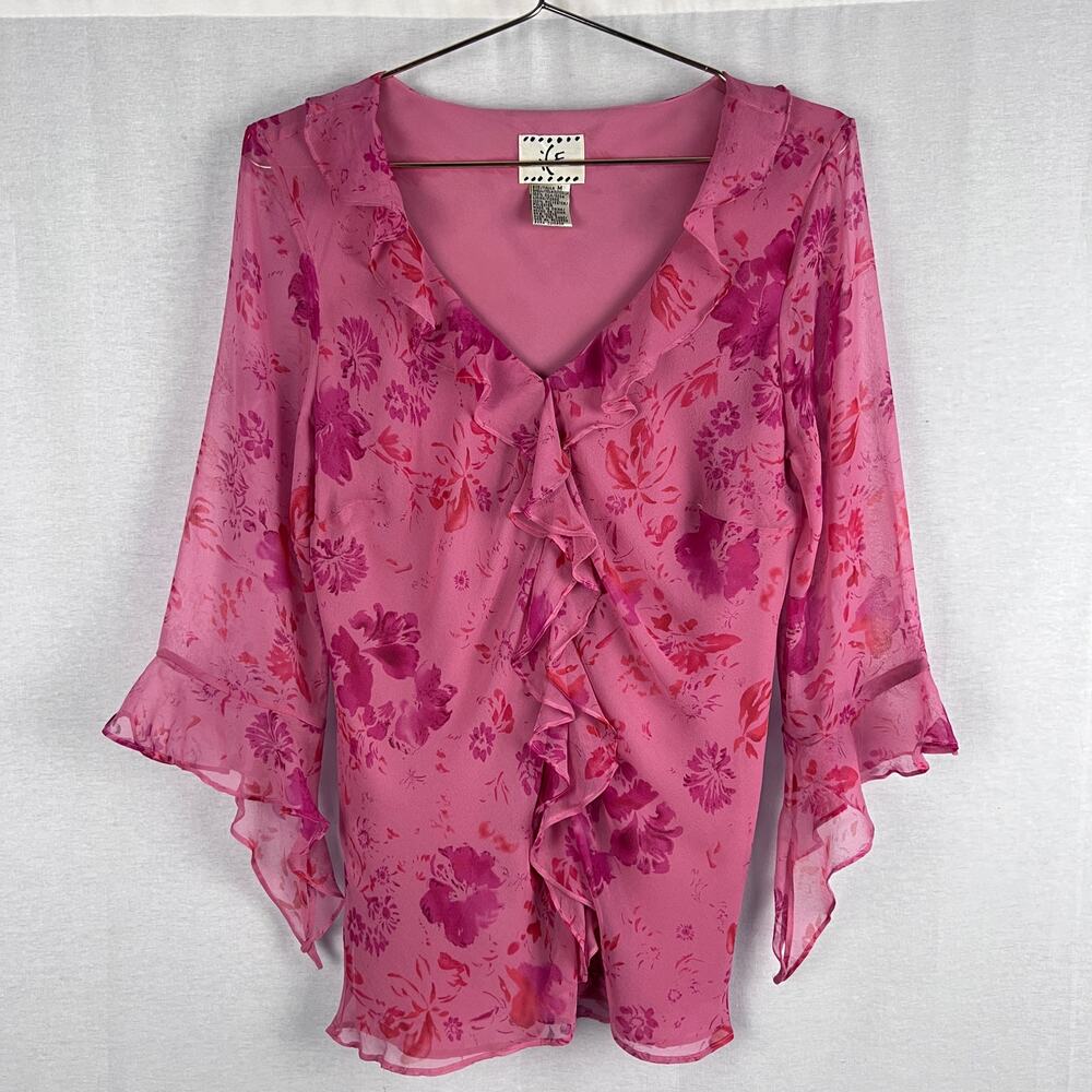 Vintage Y2K Ice Fairy Top Silk Pink Floral Ruffle Romantic Artsy Spring Flowy